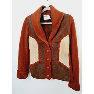 Montgomery Ward Vintage Leather And Acrylic 70's Sweater Medium Women's Rust